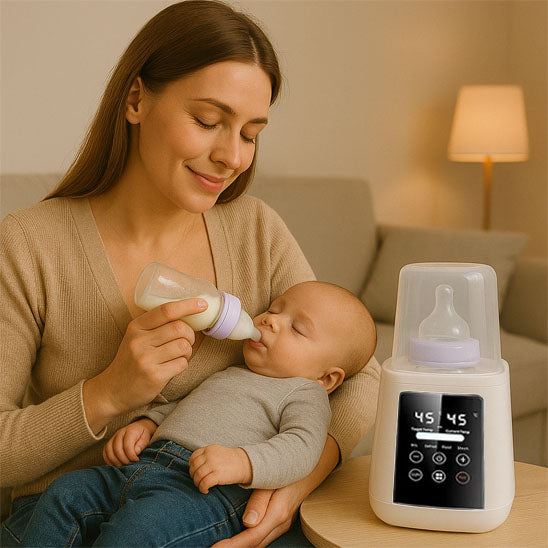 Bébé boit son lait venant du chauffe biberon