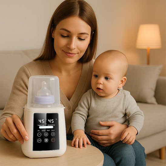 Maman et bébé contemple chauffe biberon